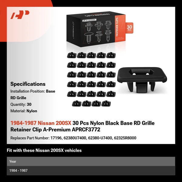 1984-1987 Nissan 200SX 30 Pcs Nylon Black Base RD Grille Retainer Clip A-Premium APRCF3772