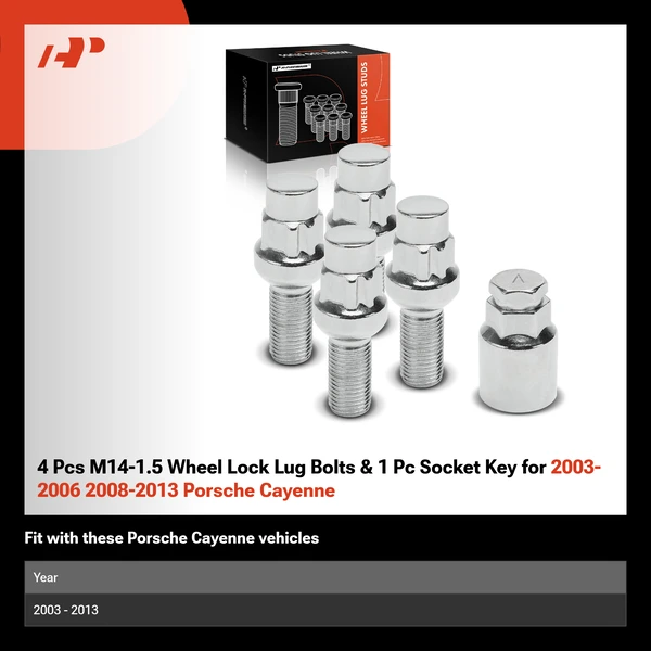 4 Pcs M14-1.5 Wheel Lock Lug Bolts & 1 Pc Socket Key for 2003-2006 2008-2013 Porsche Cayenne