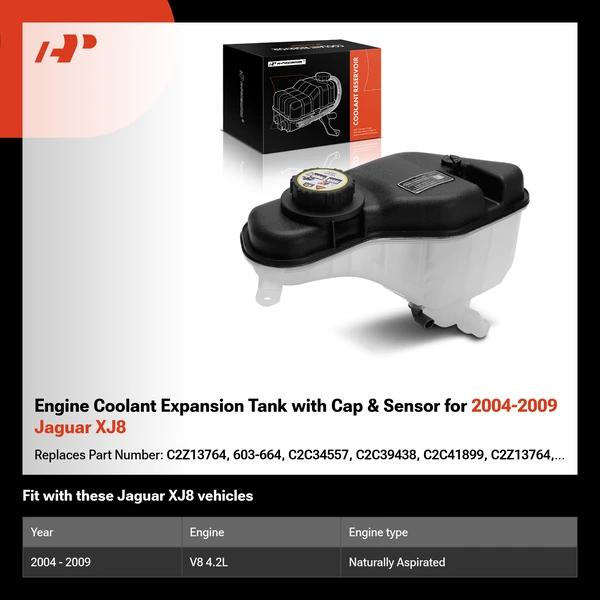 Engine Coolant Expansion Tank with Cap & Sensor for 2004-2009 Jaguar XJ8