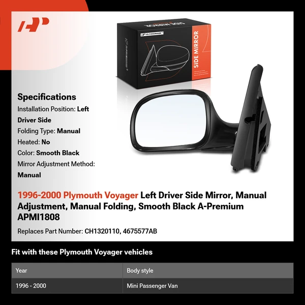 1996-2000 Plymouth Voyager Left Driver Side Mirror, Manual Adjustment, Manual Folding, Smooth Black A-Premium APMI1808