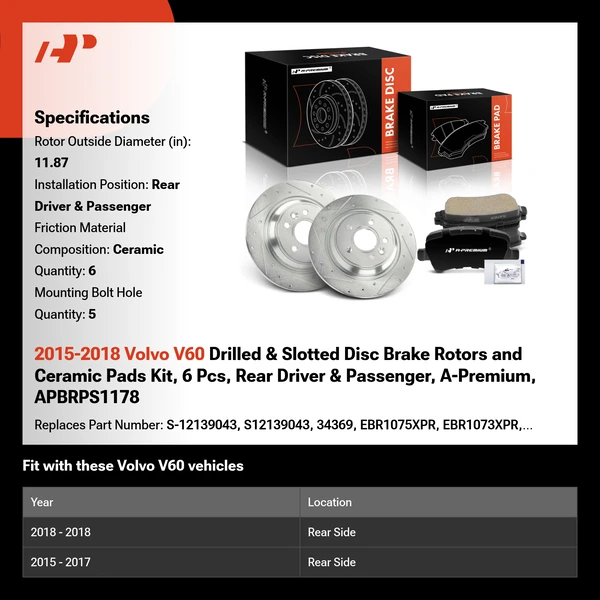 2015-2018 Volvo V60 Drilled & Slotted Disc Brake Rotors and Ceramic Pads Kit, 6 Pcs, Rear Driver & Passenger, A-Premium, APBRPS1178