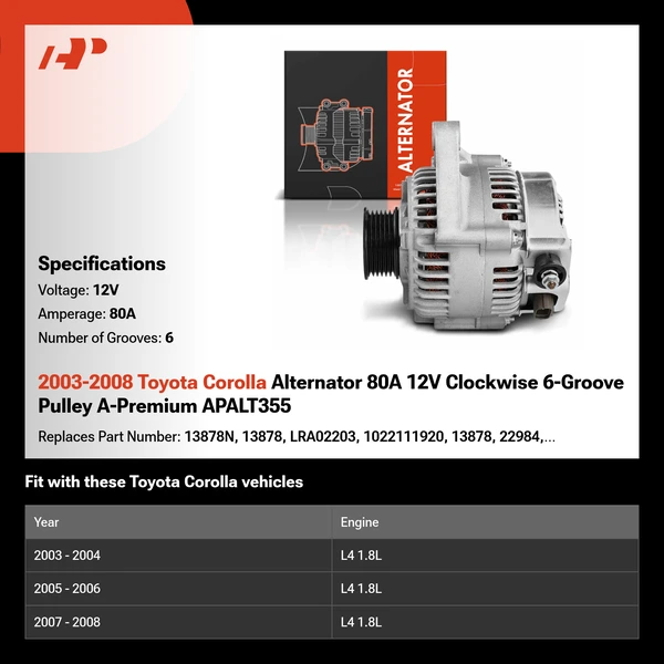 2003-2008 Toyota Corolla Alternator 80A 12V Clockwise 6-Groove Pulley A-Premium APALT355