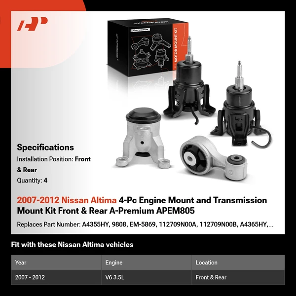 2007-2012 Nissan Altima 4-Pc Engine Mount and Transmission Mount Kit Front & Rear A-Premium APEM805