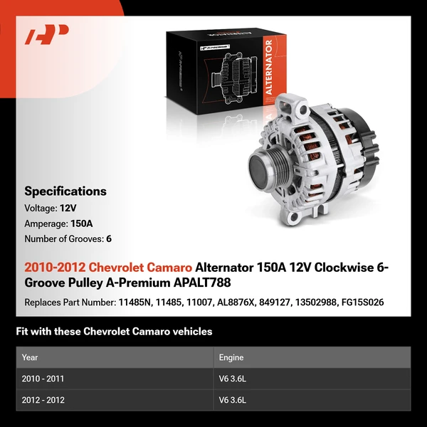 2010-2012 Chevrolet Camaro Alternator 150A 12V Clockwise 6-Groove Pulley A-Premium APALT788