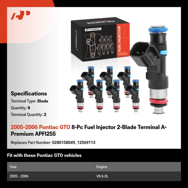 2005-2006 Pontiac GTO 8-Pc Fuel Injector 2-Blade Terminal A-Premium APFI255