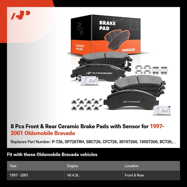8 Pcs Front & Rear Ceramic Brake Pads with Sensor for 1997-2001 Oldsmobile Bravada