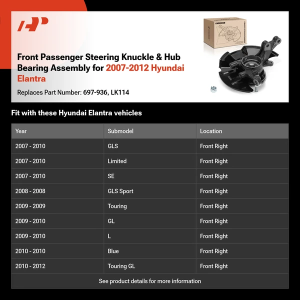 Front Passenger Steering Knuckle & Hub Bearing Assembly for 2007-2012 Hyundai Elantra
