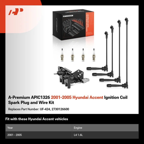 A-Premium APIC1326 2001-2005 Hyundai Accent Ignition Coil Spark Plug and Wire Kit