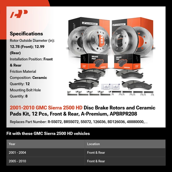 2001-2010 GMC Sierra 2500 HD Disc Brake Rotors and Ceramic Pads Kit, 12 Pcs, Front & Rear, A-Premium, APBRPR208