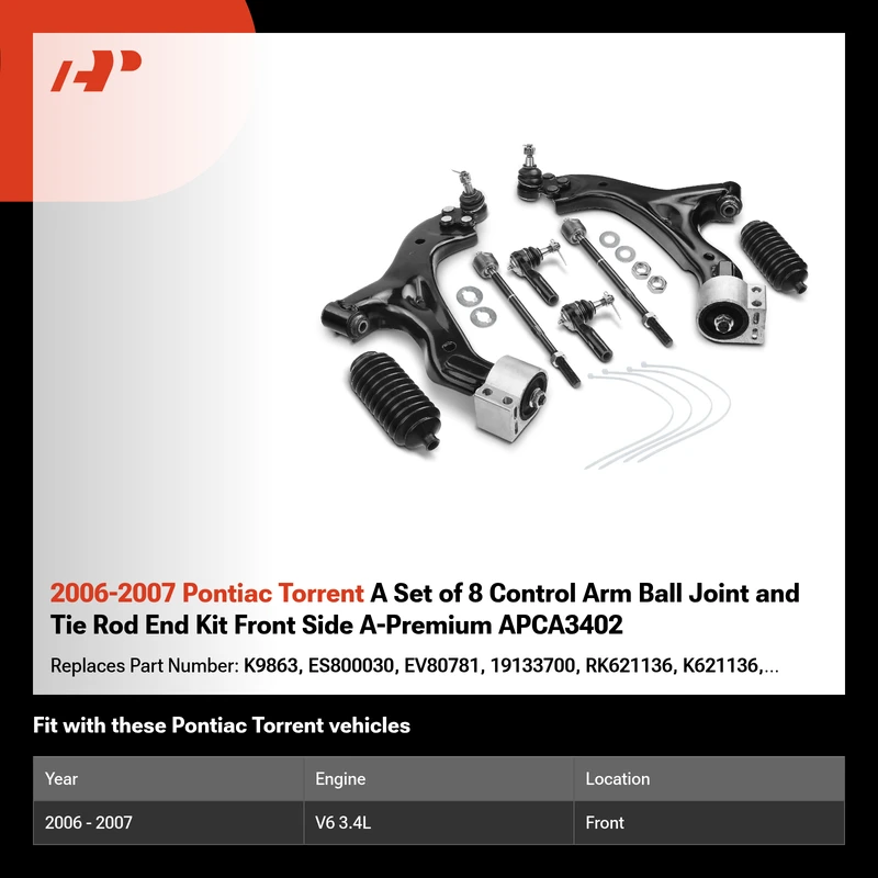 2006-2007 Pontiac Torrent A Set of 8 Control Arm Ball Joint and Tie Rod End Kit Front Side A-Premium APCA3402