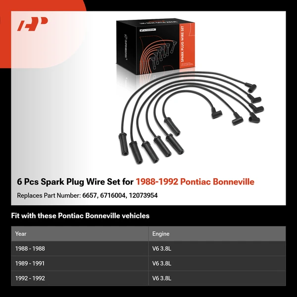 6 Pcs Spark Plug Wire Set for 1988-1992 Pontiac Bonneville