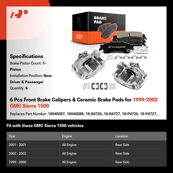 6 Pcs Front Brake Calipers & Ceramic Brake Pads for 1999-2002 GMC Sierra 1500