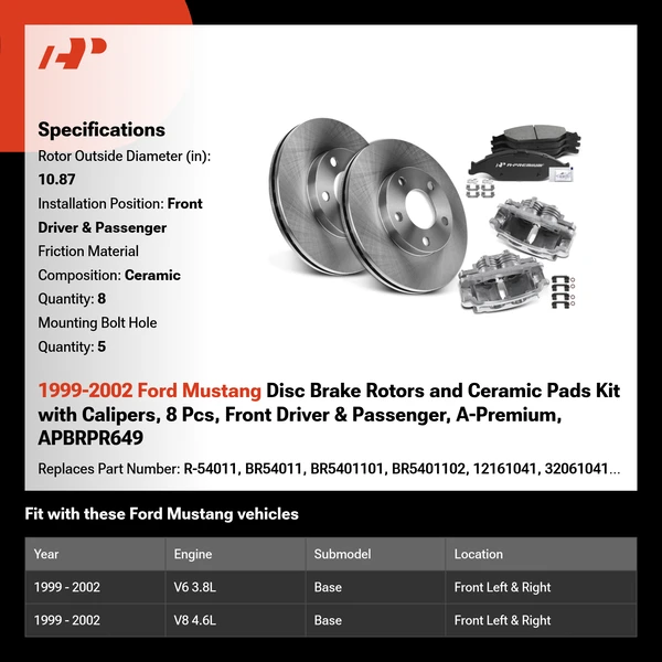 1999-2002 Ford Mustang Disc Brake Rotors and Ceramic Pads Kit with Calipers, 8 Pcs, Front Driver & Passenger, A-Premium, APBRPR649