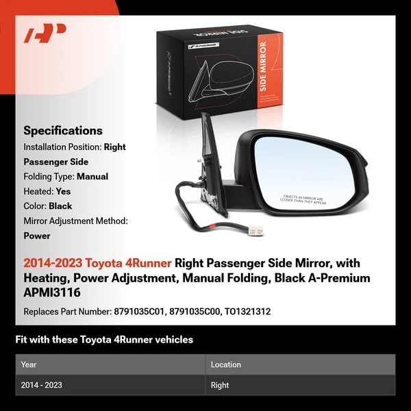 2014-2023 Toyota 4Runner Right Passenger Side Mirror, with Heating, Power Adjustment, Manual Folding, Black A-Premium APMI3116