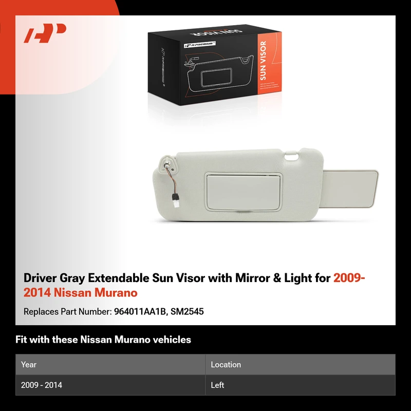 Driver Gray Extendable Sun Visor with Mirror & Light for 2009-2014 Nissan Murano