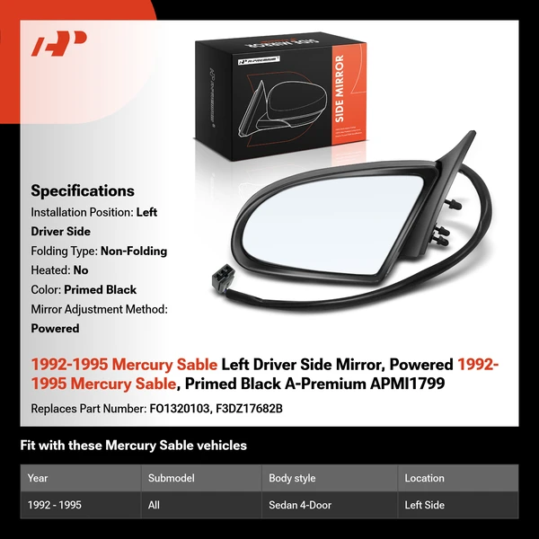 1992-1995 Mercury Sable Left Driver Side Mirror, Powered 1992-1995 Mercury Sable, Primed Black A-Premium APMI1799