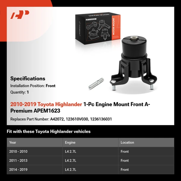 2010-2019 Toyota Highlander 1-Pc Engine Mount Front A-Premium APEM1623
