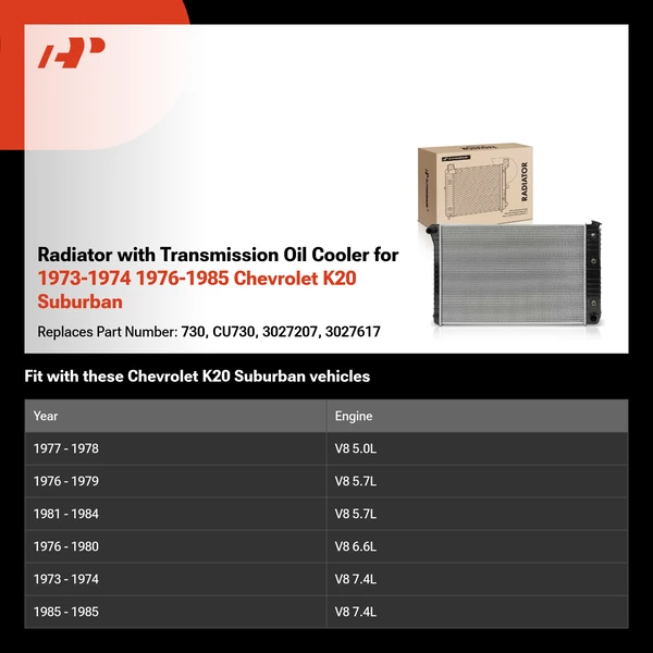 Radiator with Transmission Oil Cooler for 1973-1974 1976-1985 Chevrolet K20 Suburban