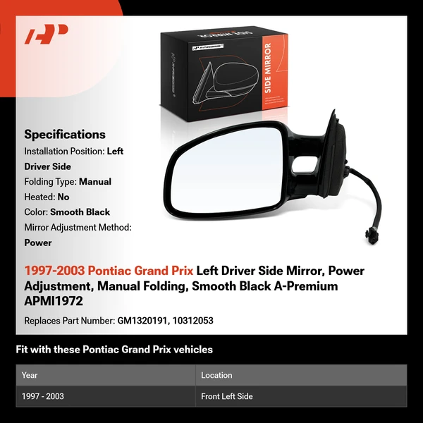 1997-2003 Pontiac Grand Prix Left Driver Side Mirror, Power Adjustment, Manual Folding, Smooth Black A-Premium APMI1972