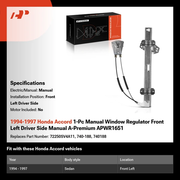 1994-1997 Honda Accord 1-Pc Manual Window Regulator Front Left Driver Side Manual A-Premium APWR1651