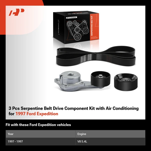3 Pcs Serpentine Belt Drive Component Kit with Air Conditioning for 1997 Ford Expedition