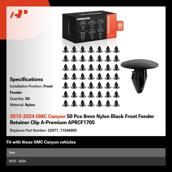2015-2024 GMC Canyon 50 Pcs 8mm Nylon Black Front Fender Retainer Clip A-Premium APRCF1705