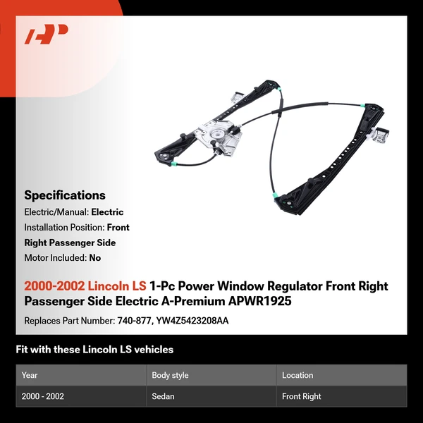 2000-2002 Lincoln LS 1-Pc Power Window Regulator Front Right Passenger Side Electric A-Premium APWR1925
