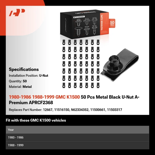1980-1986 1988-1999 GMC K1500 50 Pcs Metal Black U-Nut A-Premium APRCF2368