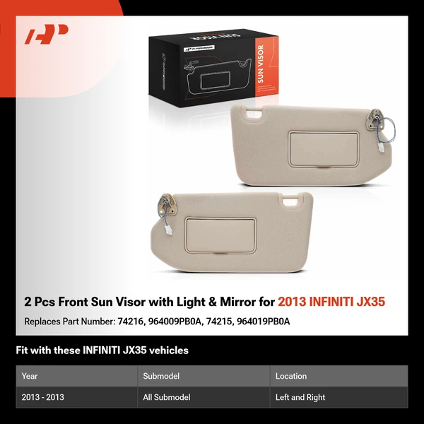 2 Pcs Front Sun Visor with Light & Mirror for 2013 INFINITI JX35
