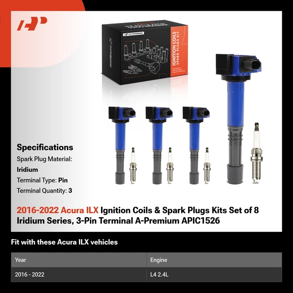 2016-2022 Acura ILX Ignition Coils & Spark Plugs Kits Set of 8 Iridium Series, 3-Pin Terminal A-Premium APIC1526