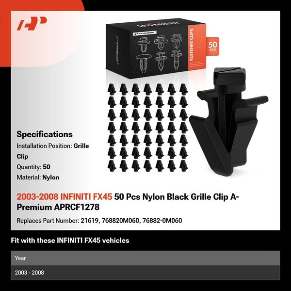 2003-2008 INFINITI FX45 50 Pcs Nylon Black Grille Clip A-Premium APRCF1278