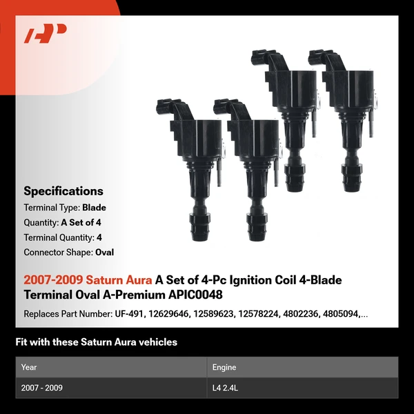 2007-2009 Saturn Aura A Set of 4-Pc Ignition Coil 4-Blade Terminal Oval A-Premium APIC0048