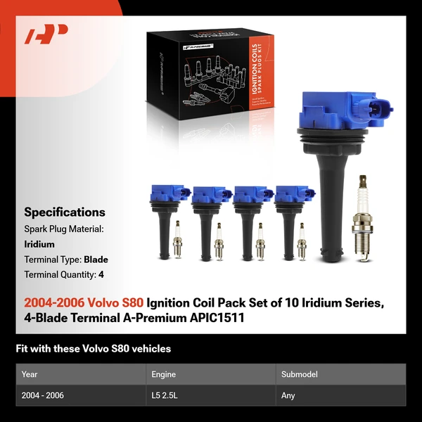 2004-2006 Volvo S80 Ignition Coil Pack Set of 10 Iridium Series, 4-Blade Terminal A-Premium APIC1511