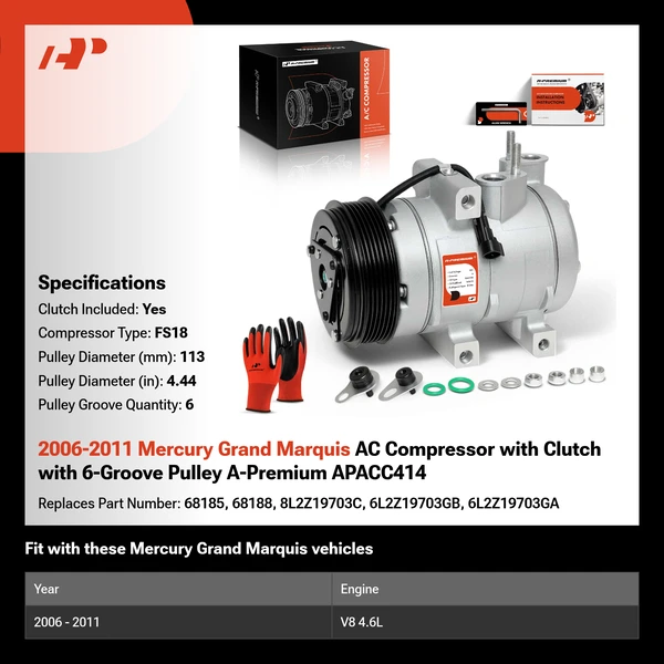 2006-2011 Mercury Grand Marquis AC Compressor with Clutch with 6-Groove Pulley A-Premium APACC414