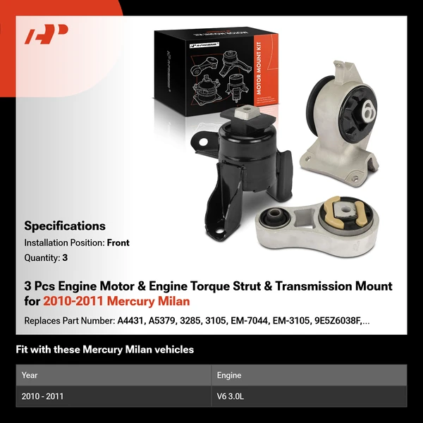 3 Pcs Engine Motor & Engine Torque Strut & Transmission Mount for 2010-2011 Mercury Milan