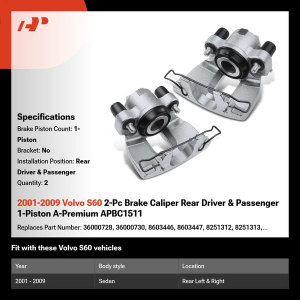 2001-2009 Volvo S60 2-Pc Brake Caliper Rear Driver & Passenger 1-Piston A-Premium APBC1511
