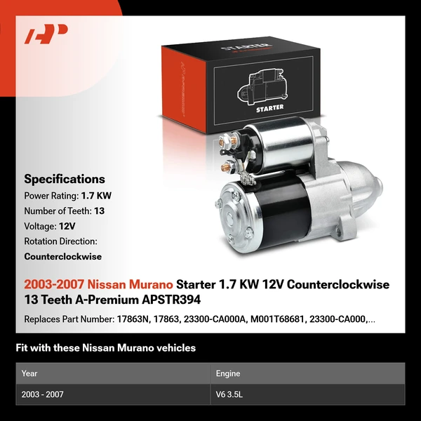 2003-2007 Nissan Murano Starter 1.7 KW 12V Counterclockwise 13 Teeth A-Premium APSTR394