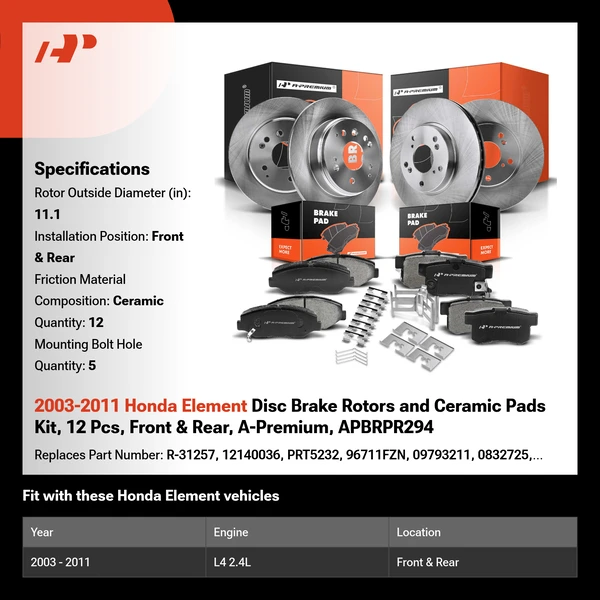 2003-2011 Honda Element Disc Brake Rotors and Ceramic Pads Kit, 12 Pcs, Front & Rear, A-Premium, APBRPR294