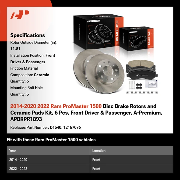2014-2020 2022 Ram ProMaster 1500 Disc Brake Rotors and Ceramic Pads Kit, 6 Pcs, Front Driver & Passenger, A-Premium, APBRPR1893