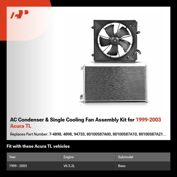 AC Condenser & Single Cooling Fan Assembly Kit for 1999-2003 Acura TL