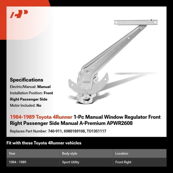 1984-1989 Toyota 4Runner 1-Pc Manual Window Regulator Front Right Passenger Side Manual A-Premium APWR2608