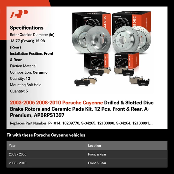 2003-2006 2008-2010 Porsche Cayenne Drilled & Slotted Disc Brake Rotors and Ceramic Pads Kit, 12 Pcs, Front & Rear, A-Premium, APBRPS1397