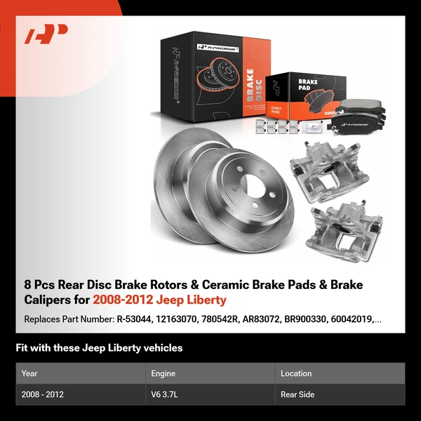 8 Pcs Rear Disc Brake Rotors & Ceramic Brake Pads & Brake Calipers for 2008-2012 Jeep Liberty