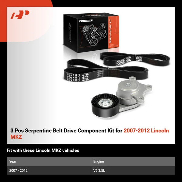 3 Pcs Serpentine Belt Drive Component Kit for 2007-2012 Lincoln MKZ