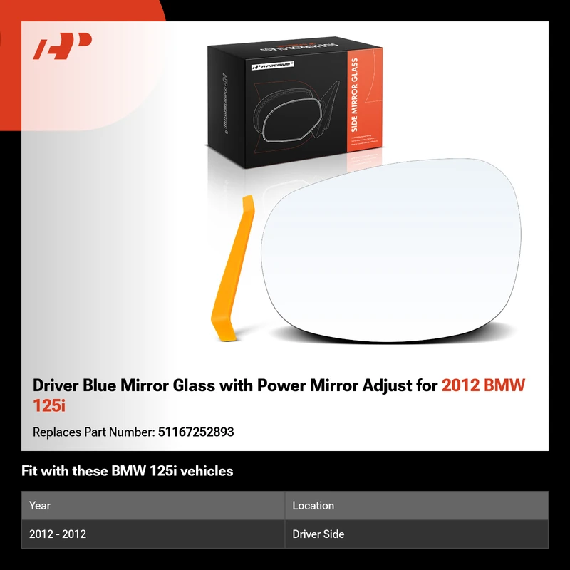 Driver Blue Mirror Glass with Power Mirror Adjust for 2012 BMW 125i