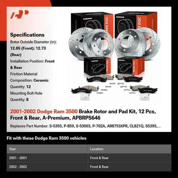 2001-2002 Dodge Ram 3500 Brake Rotor and Pad Kit, 12 Pcs, Front & Rear, A-Premium, APBRPS646