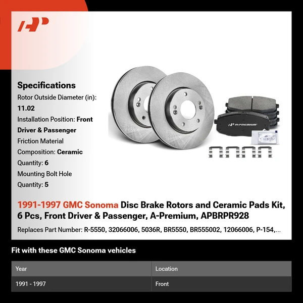 1991-1997 GMC Sonoma Disc Brake Rotors and Ceramic Pads Kit, 6 Pcs, Front Driver & Passenger, A-Premium, APBRPR928