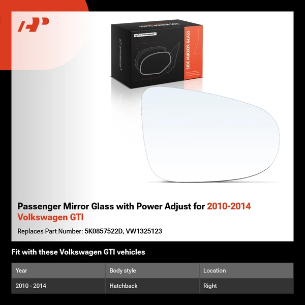 Passenger Mirror Glass with Power Adjust for 2010-2014 Volkswagen GTI