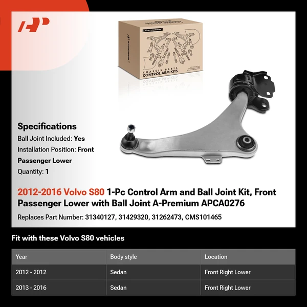 2012-2016 Volvo S80 1-Pc Control Arm and Ball Joint Kit, Front Passenger Lower with Ball Joint A-Premium APCA0276