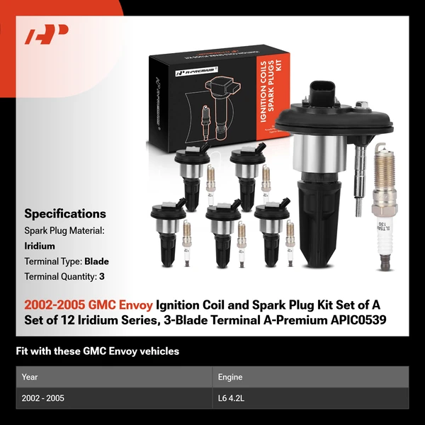 2002-2005 GMC Envoy Ignition Coil and Spark Plug Kit Set of A Set of 12 Iridium Series, 3-Blade Terminal A-Premium APIC0539